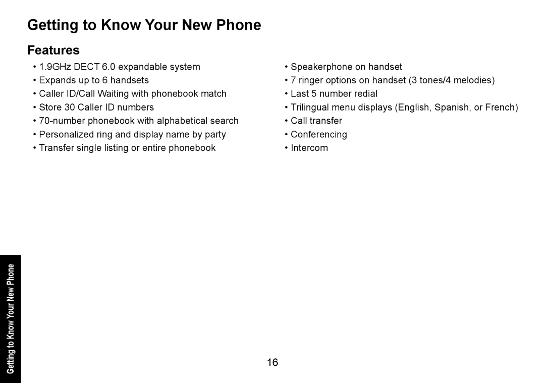 Uniden DECT1560 manual Getting to Know Your New Phone, Features 