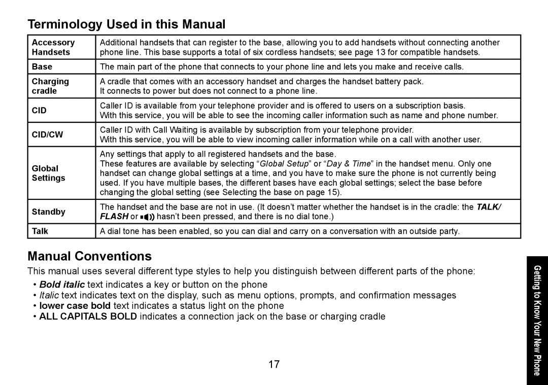 Uniden DECT1560 manual Terminology Used in this Manual, Manual Conventions 