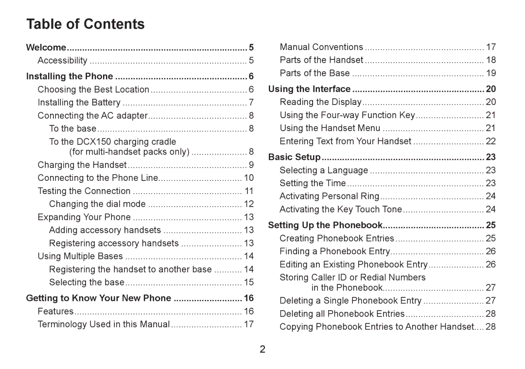 Uniden DECT1560 manual Table of Contents 