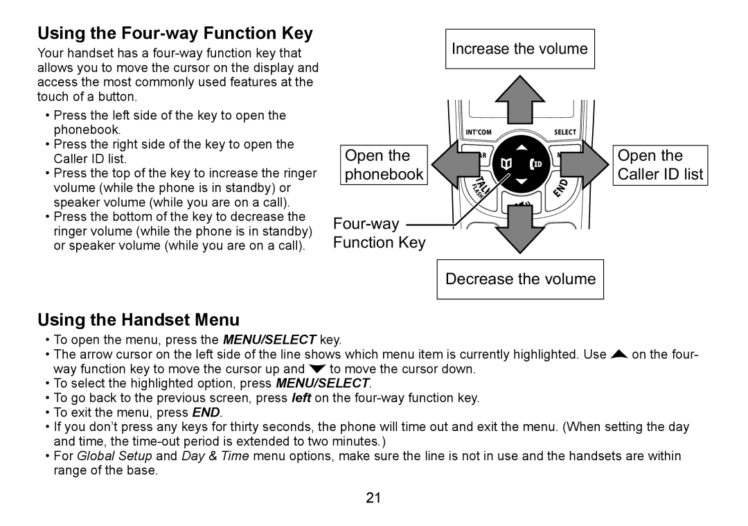 Uniden DECT1560 manual Using the Four-way Function Key, Using the Handset Menu 