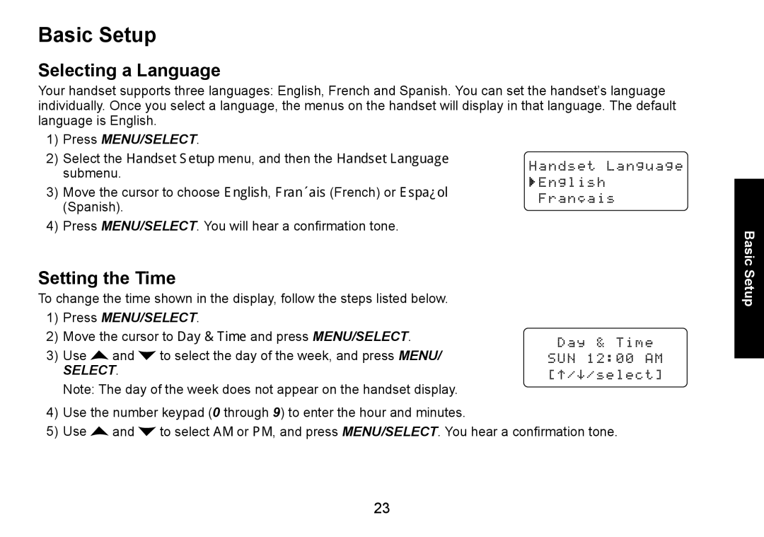 Uniden DECT1560 manual Basic Setup, Selecting a Language, Setting the Time 