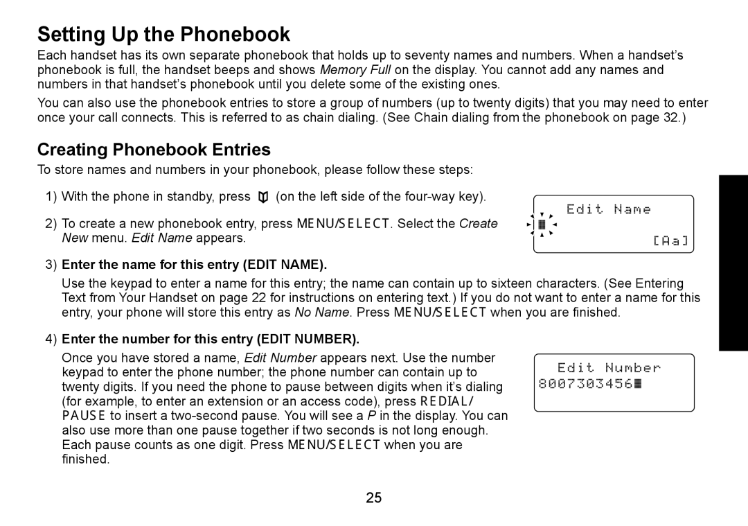 Uniden DECT1560 manual Setting Up the Phonebook, Creating Phonebook Entries, Enter the name for this entry Edit Name 