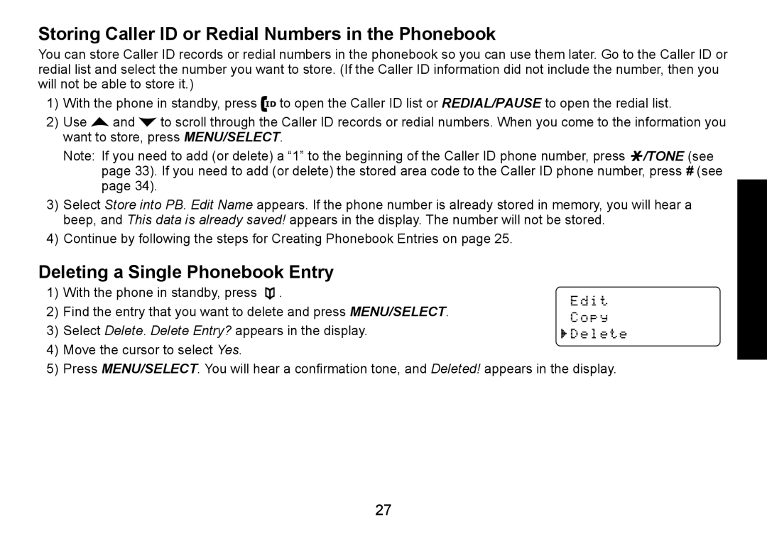 Uniden DECT1560 manual Storing Caller ID or Redial Numbers in the Phonebook, Deleting a Single Phonebook Entry 