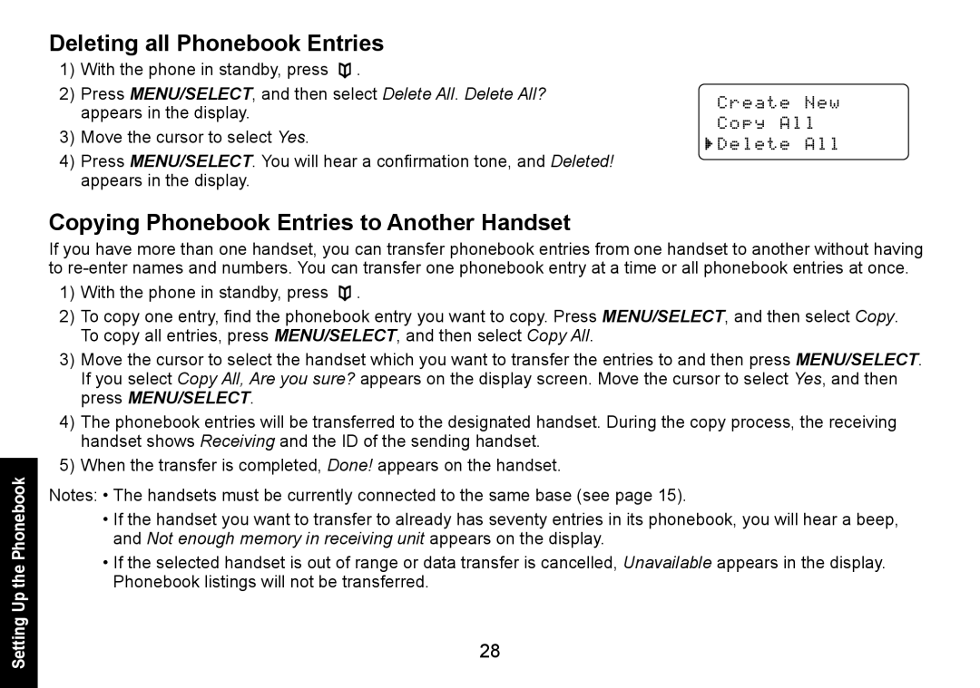 Uniden DECT1560 manual Deleting all Phonebook Entries, Copying Phonebook Entries to Another Handset 