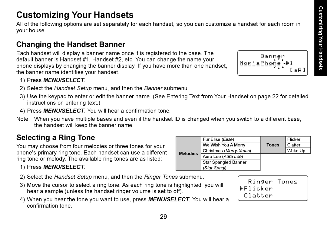 Uniden DECT1560 manual Customizing Your Handsets, Changing the Handset Banner, Selecting a Ring Tone 