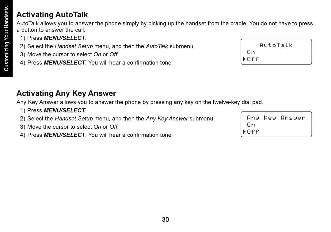 Uniden DECT1560 manual Activating AutoTalk, Activating Any Key Answer 