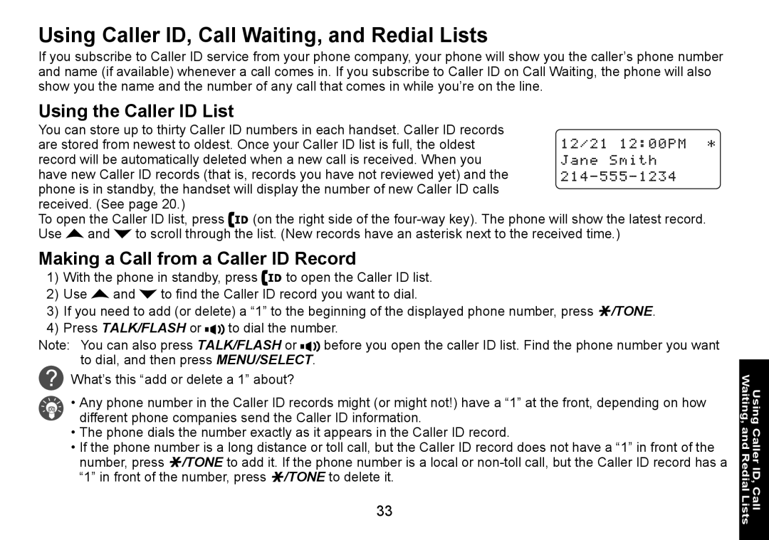 Uniden DECT1560 manual Using Caller ID, Call Waiting, and Redial Lists, Using the Caller ID List 