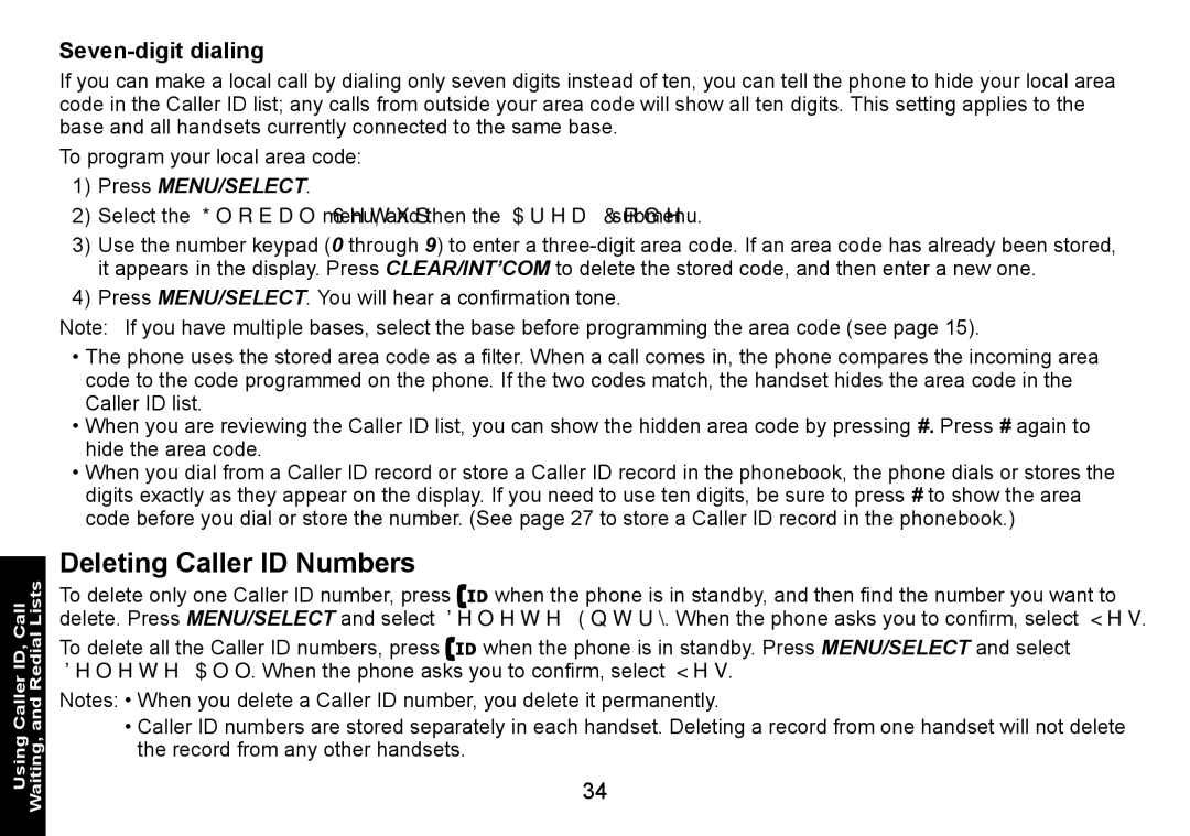 Uniden DECT1560 manual Deleting Caller ID Numbers, Seven-digit dialing 