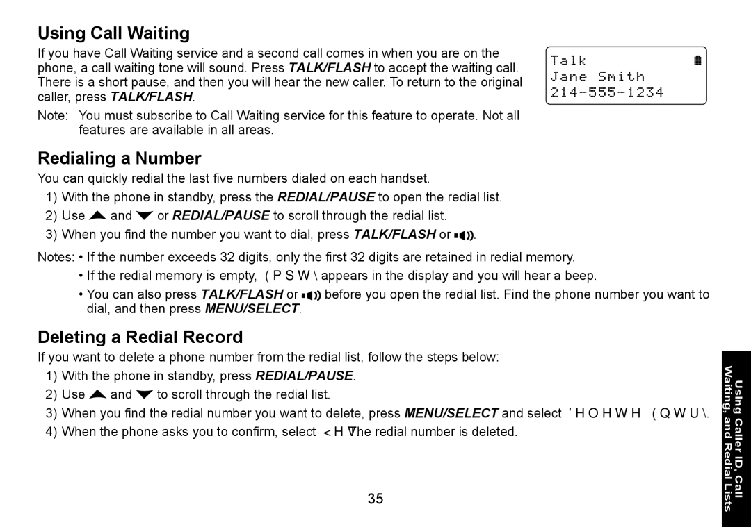 Uniden DECT1560 manual Using Call Waiting, Redialing a Number, Deleting a Redial Record 