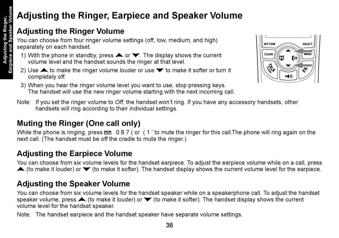 Uniden DECT1560 manual Adjusting the Ringer, Earpiece and Speaker Volume, Adjusting the Ringer Volume 