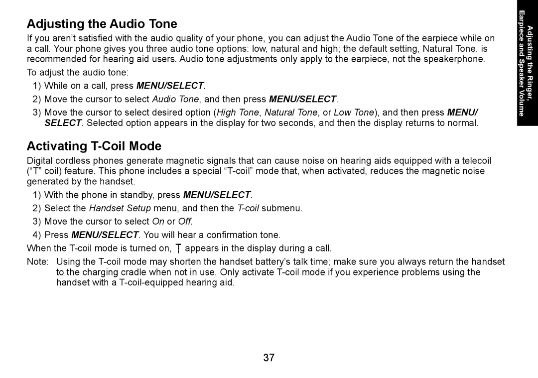 Uniden DECT1560 manual Adjusting the Audio Tone, Activating T-Coil Mode 