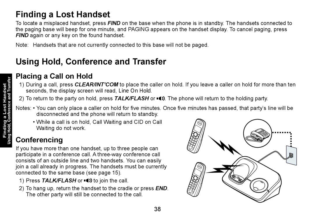 Uniden DECT1560 manual Finding a Lost Handset, Using Hold, Conference and Transfer, Placing a Call on Hold, Conferencing 