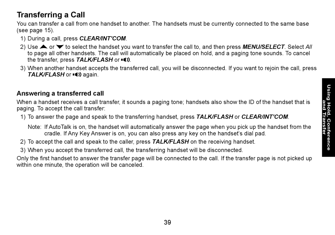 Uniden DECT1560 manual Transferring a Call, Answering a transferred call 