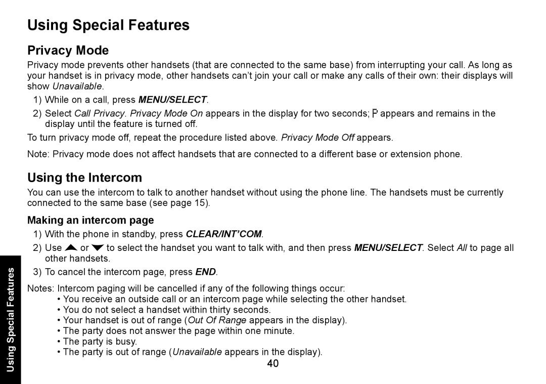 Uniden DECT1560 manual Using Special Features, Privacy Mode, Using the Intercom, Making an intercom 