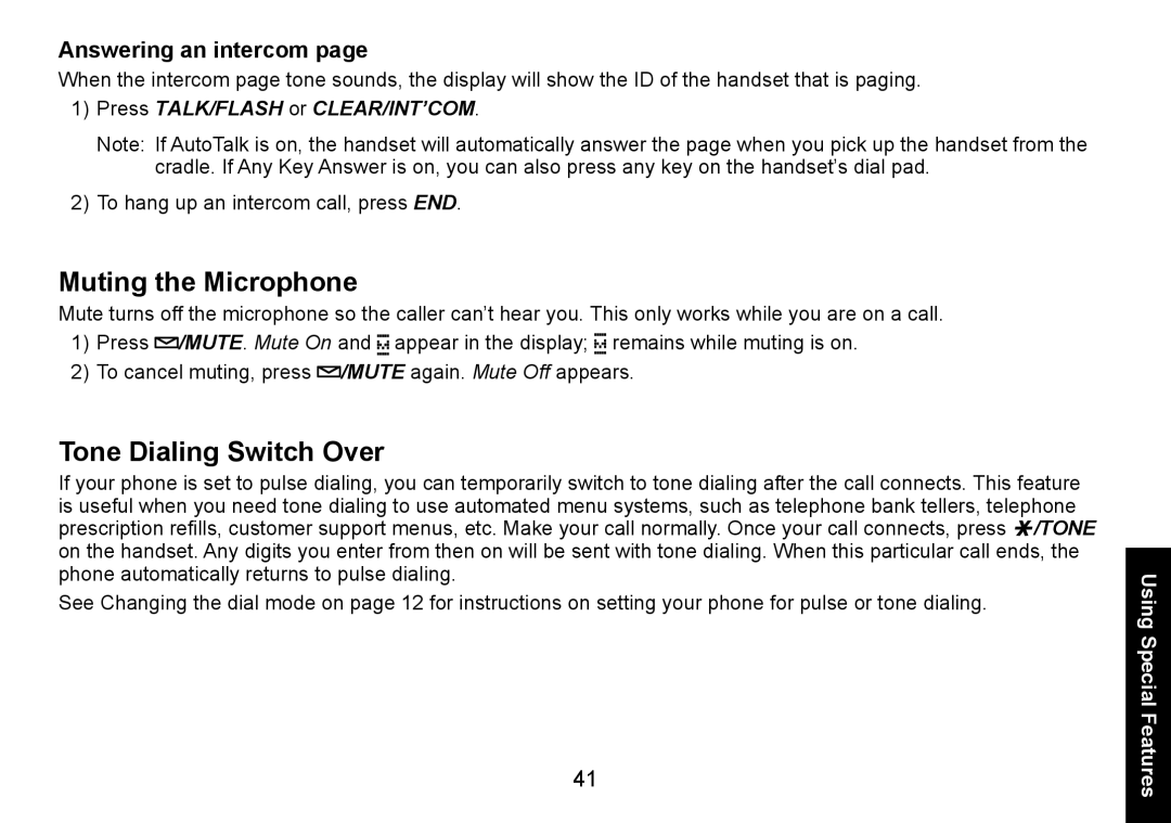 Uniden DECT1560 manual Muting the Microphone, Tone Dialing Switch Over, Answering an intercom 