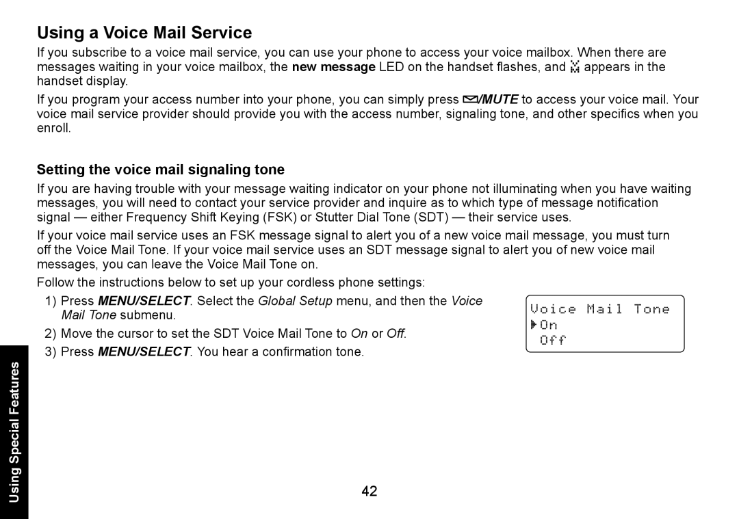 Uniden DECT1560 manual Using a Voice Mail Service, Setting the voice mail signaling tone 