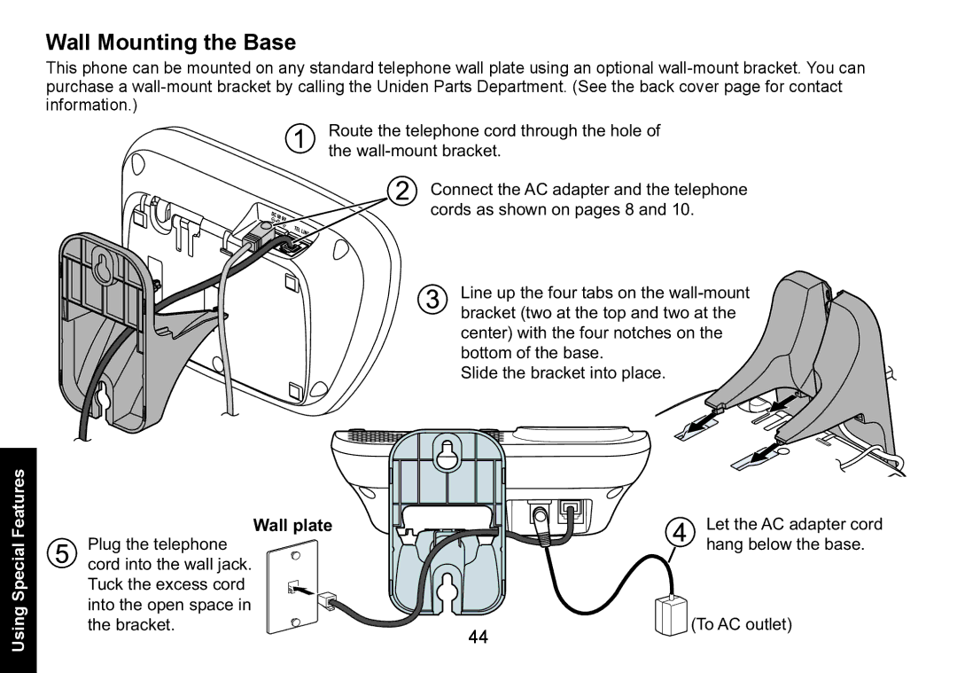 Uniden DECT1560 manual Wall Mounting the Base, Wall plate 