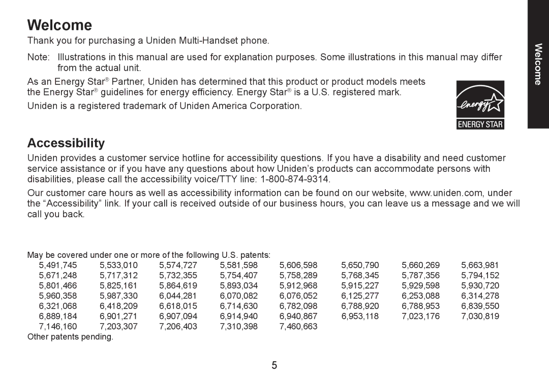 Uniden DECT1560 manual Welcome, Accessibility 