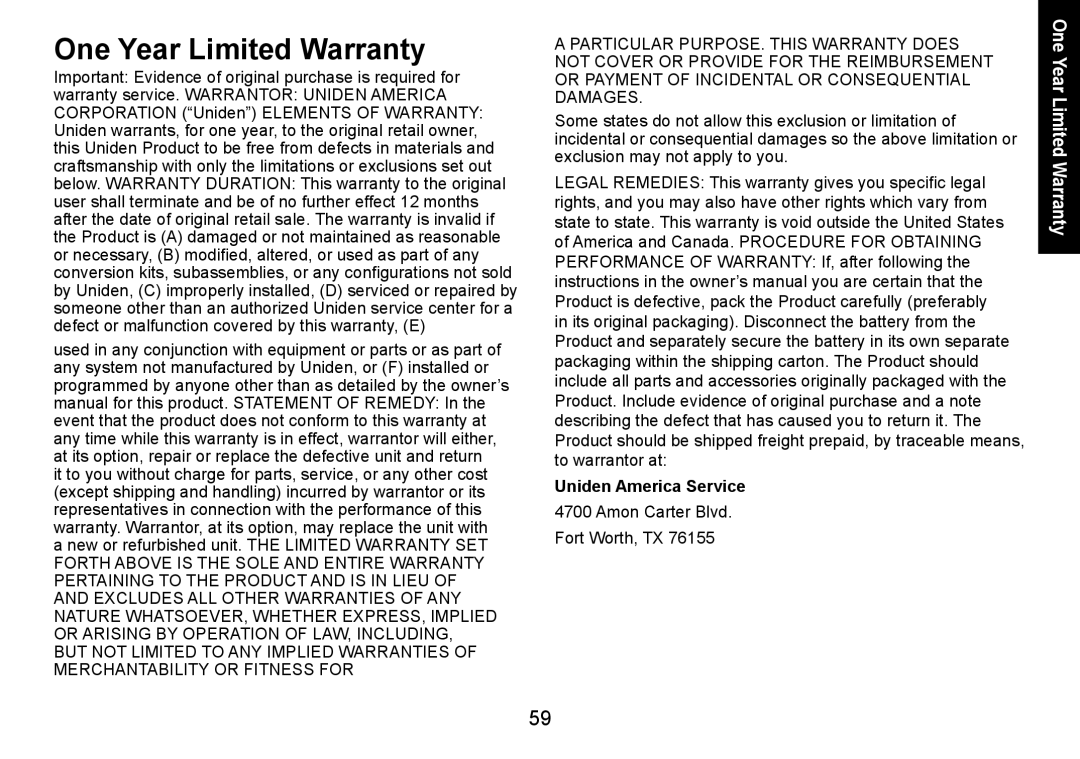 Uniden DECT1560 manual One Year Limited Warranty, Important Evidence of original purchase is required for 