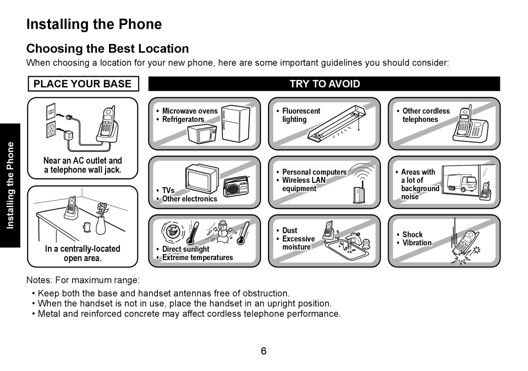 Uniden DECT1560 manual Installing the Phone, Choosing the Best Location 