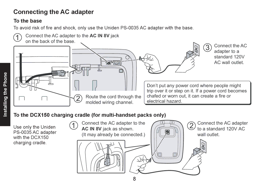 Uniden DECT1560 manual Connecting the AC adapter, To the base, To the DCX150 charging cradle for multi-handset packs only 