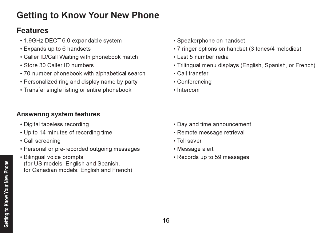 Uniden DECT1580 Series manual Getting to Know Your New Phone, Features, Answering system features 