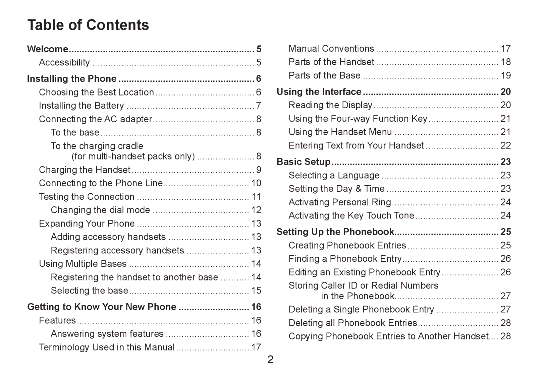 Uniden DECT1580 Series manual Table of Contents 