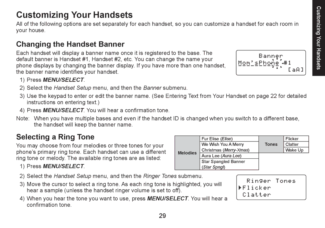 Uniden DECT1580 Series manual Customizing Your Handsets, Changing the Handset Banner, Selecting a Ring Tone 