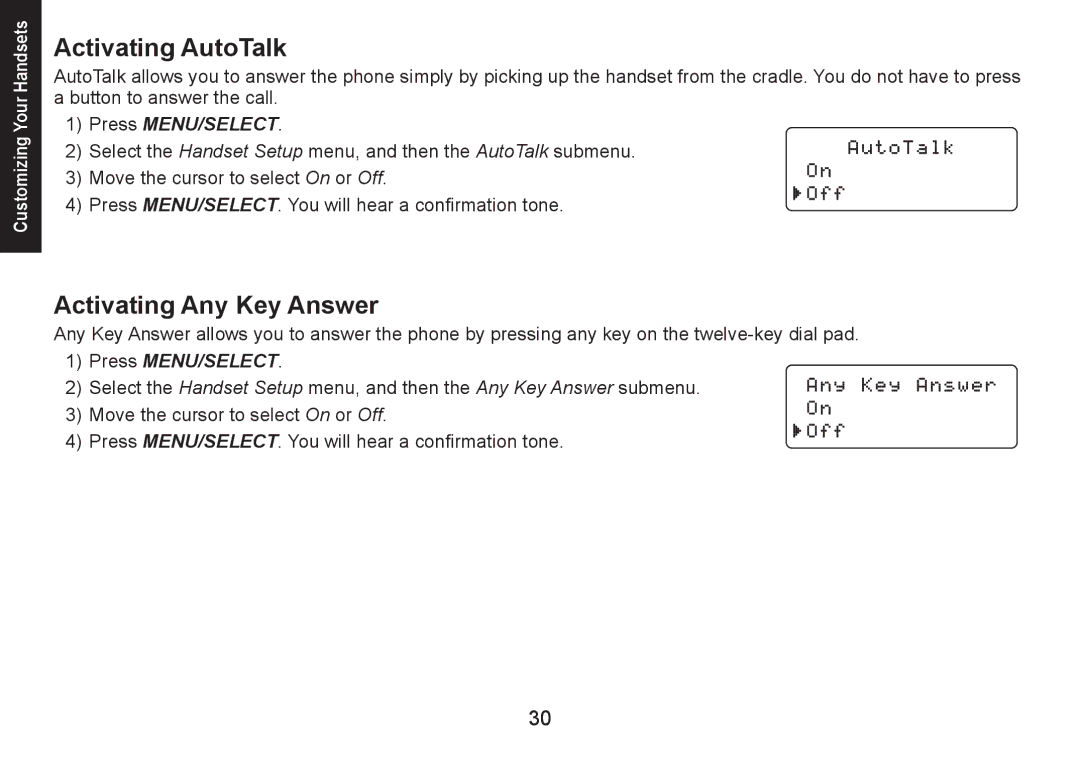 Uniden DECT1580 Series manual Activating AutoTalk, Activating Any Key Answer 