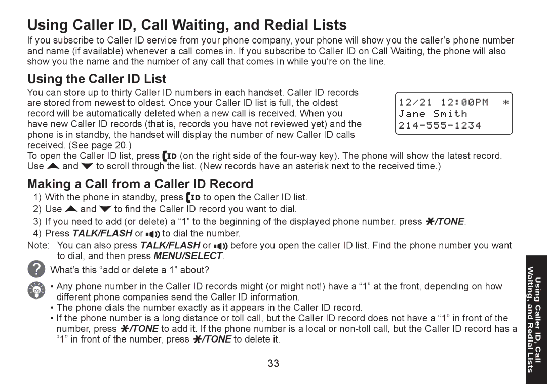 Uniden DECT1580 Series manual Using Caller ID, Call Waiting, and Redial Lists, Using the Caller ID List 