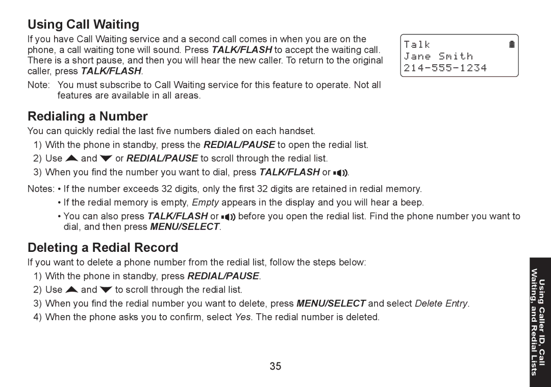 Uniden DECT1580 Series manual Using Call Waiting, Redialing a Number, Deleting a Redial Record 