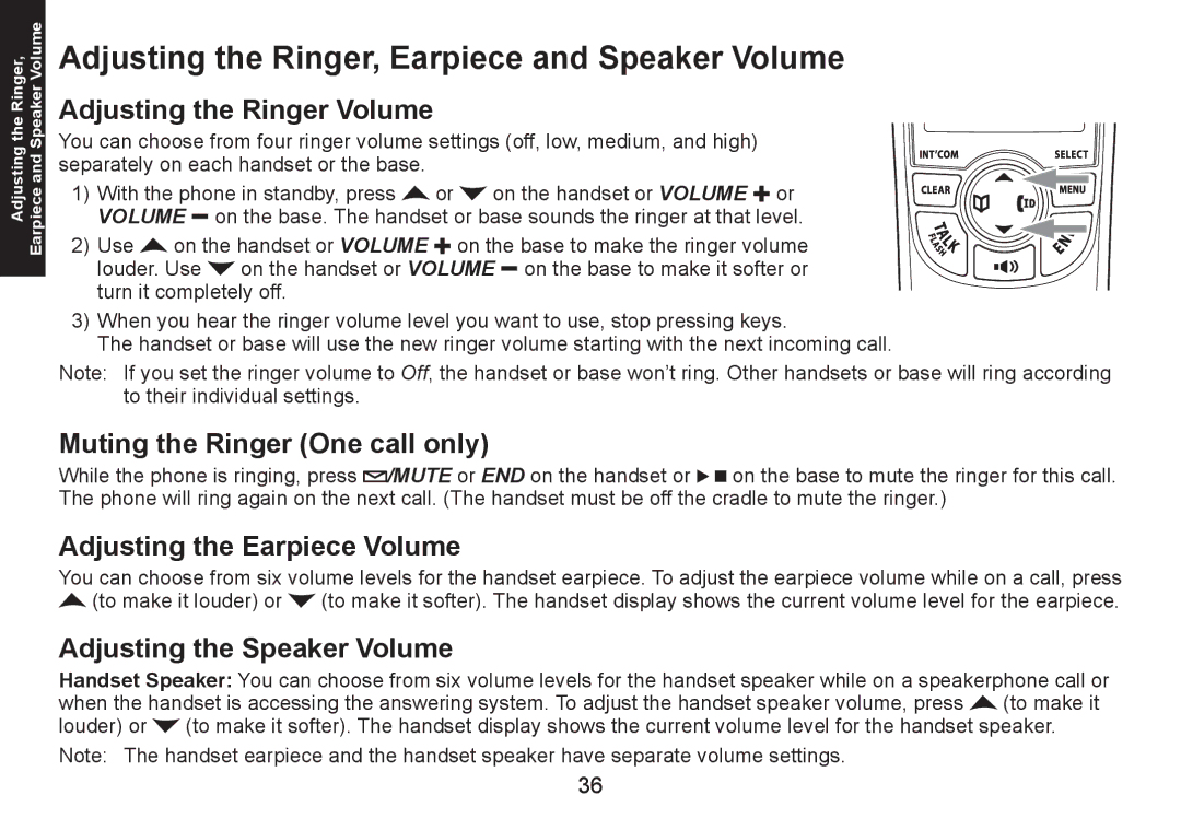 Uniden DECT1580 Series manual Adjusting the Ringer, Earpiece and Speaker Volume, Adjusting the Ringer Volume 