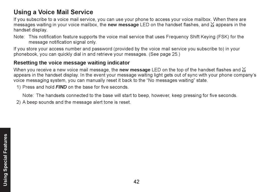 Uniden DECT1580 Series manual Using a Voice Mail Service, Resetting the voice message waiting indicator 