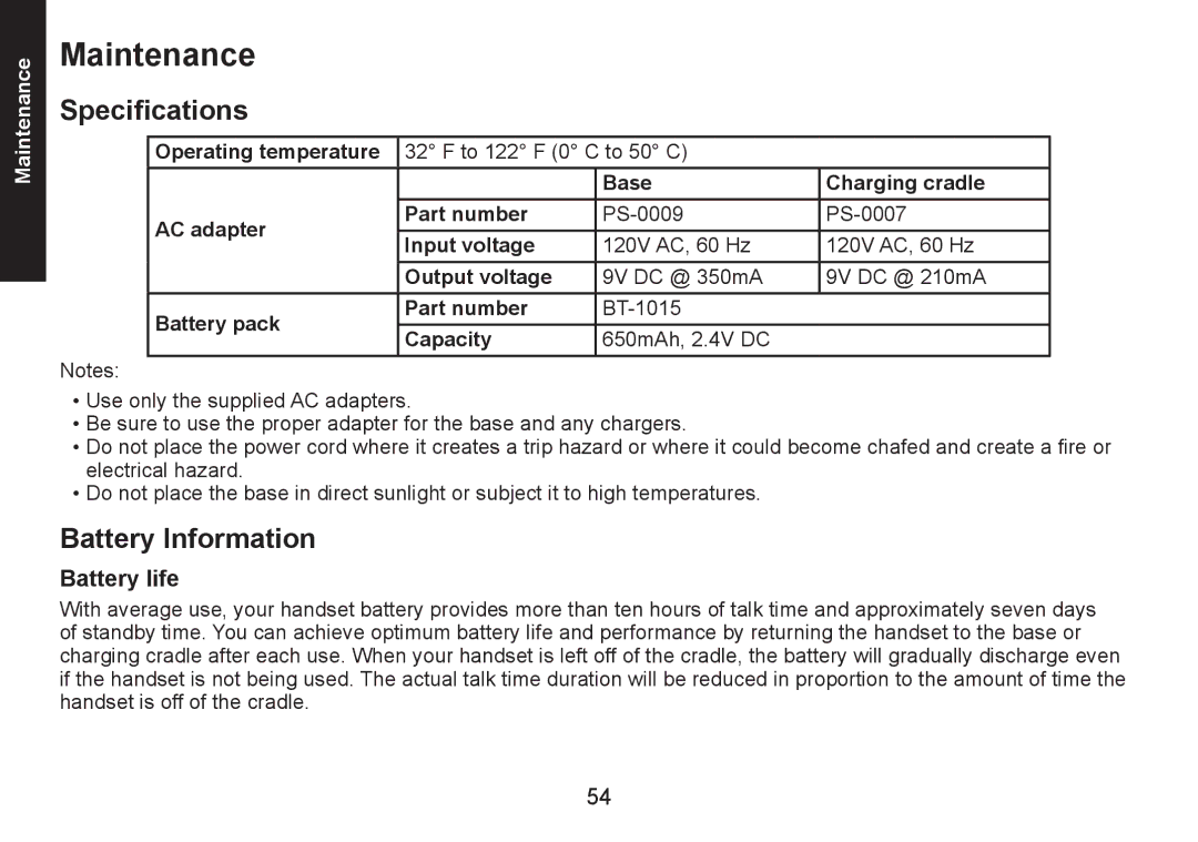 Uniden DECT1580 Series manual Maintenance, Specifications, Battery Information, Battery life 