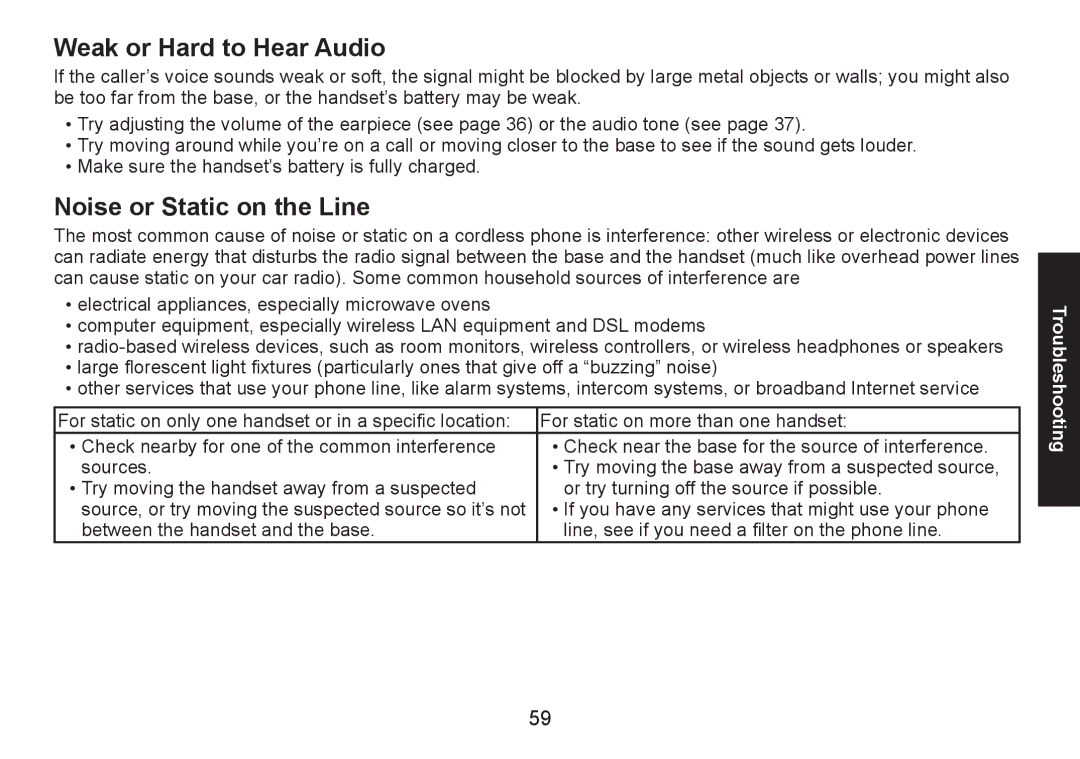 Uniden DECT1580 Series manual Weak or Hard to Hear Audio, Noise or Static on the Line 