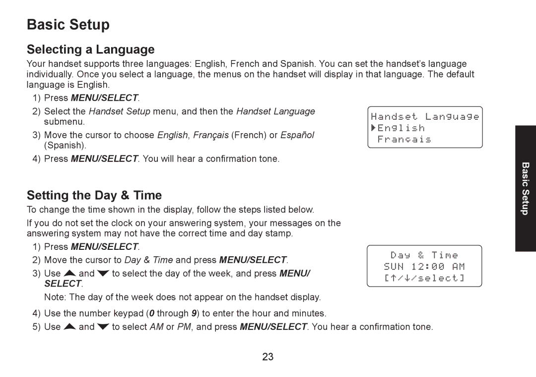 Uniden DECT1580 manual Basic Setup, Selecting a Language, Setting the Day & Time 