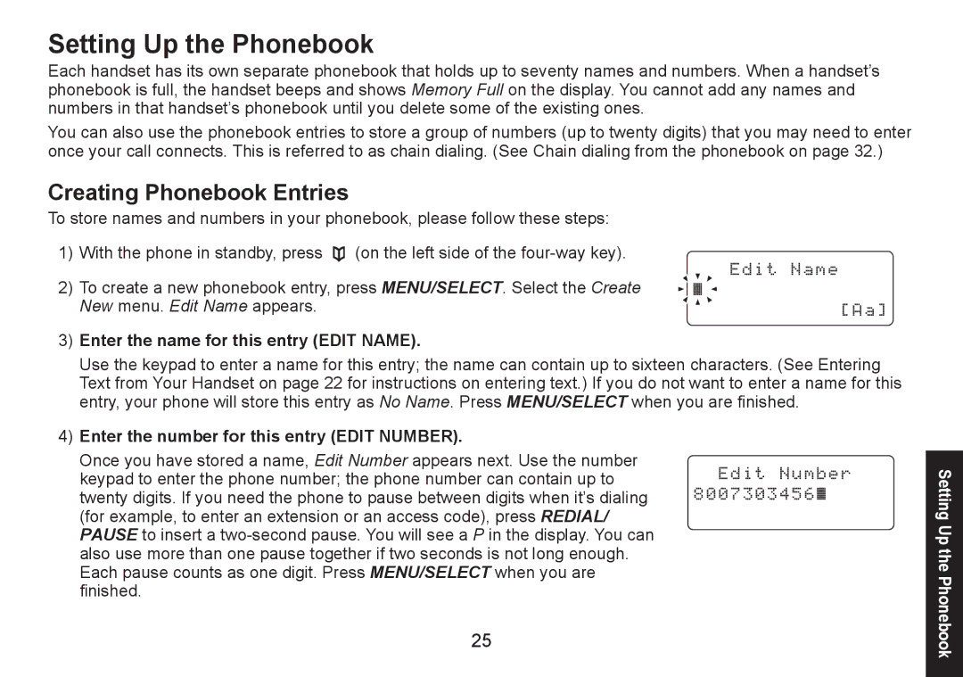 Uniden DECT1580 manual Setting Up the Phonebook, Creating Phonebook Entries, Enter the name for this entry Edit Name 