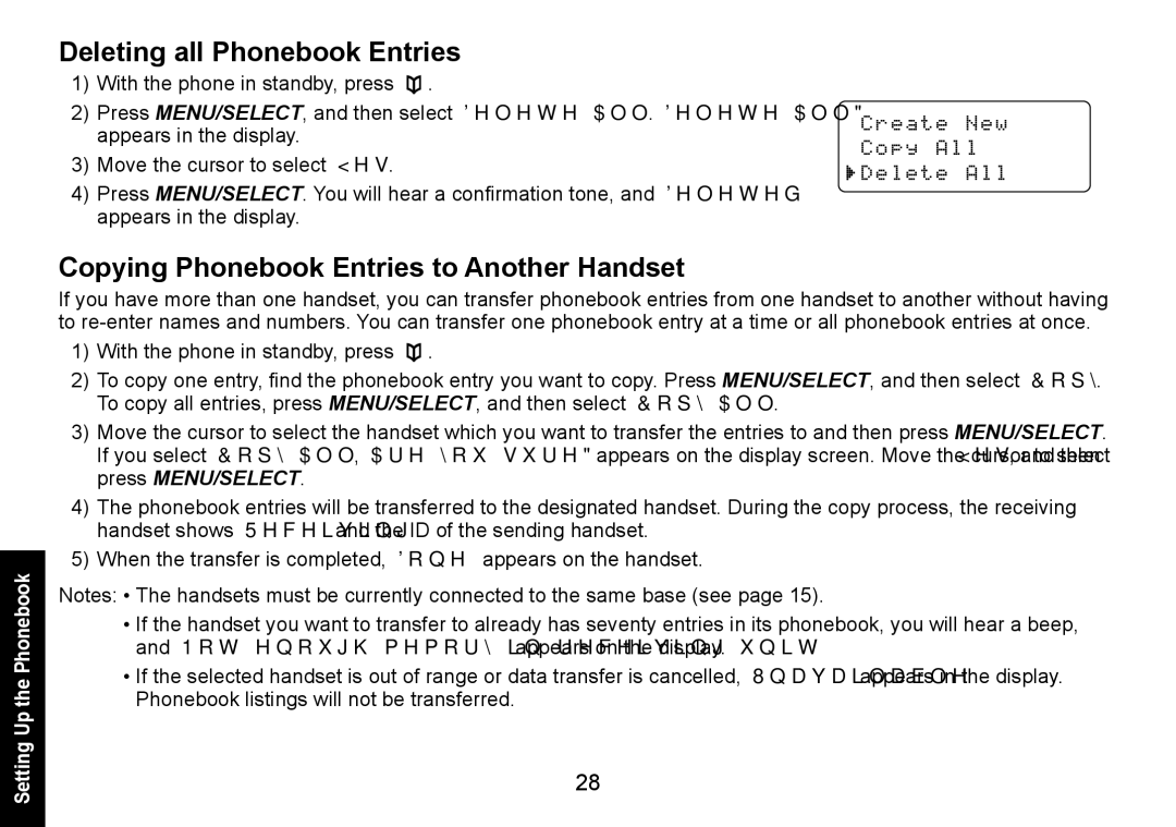 Uniden DECT1580 manual Deleting all Phonebook Entries, Copying Phonebook Entries to Another Handset 