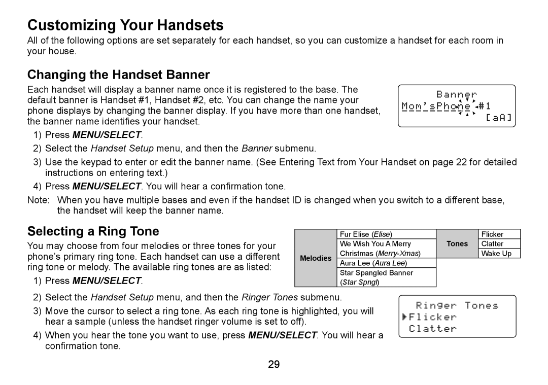 Uniden DECT1580 manual Customizing Your Handsets, Changing the Handset Banner, Selecting a Ring Tone 