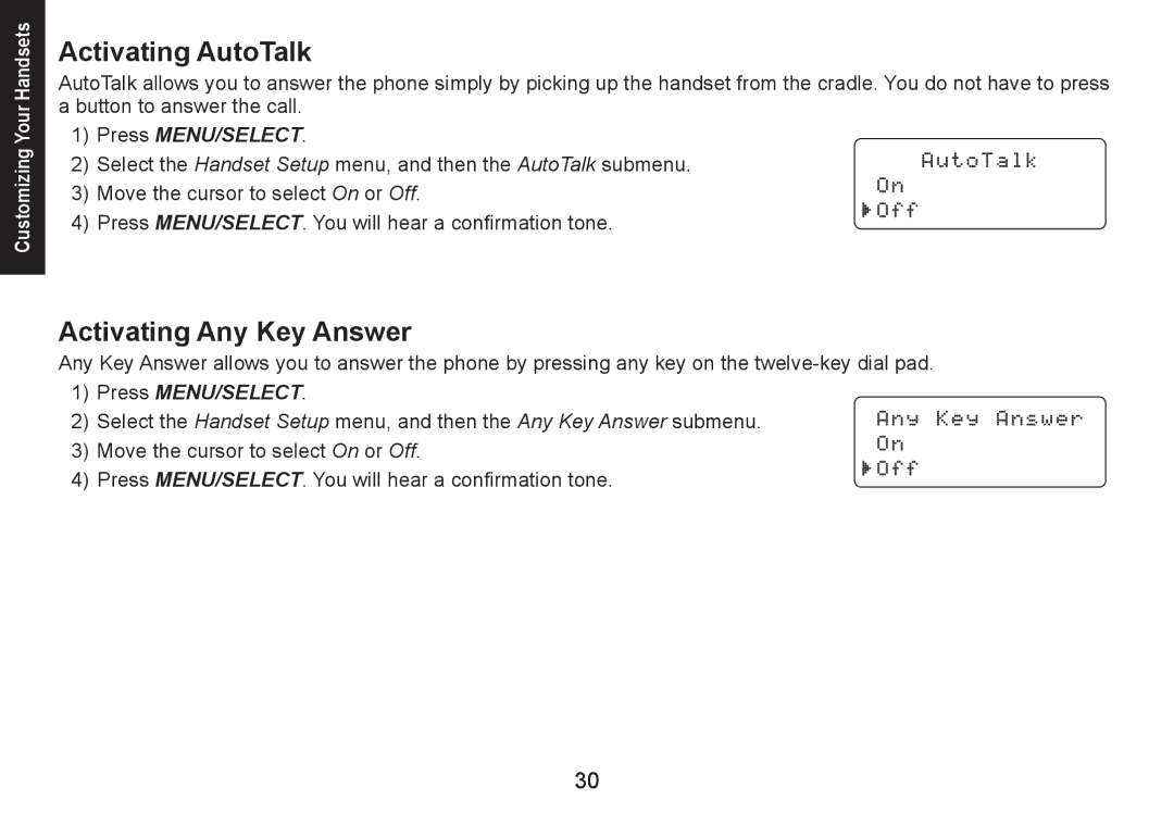 Uniden DECT1580 manual Activating AutoTalk, Activating Any Key Answer 