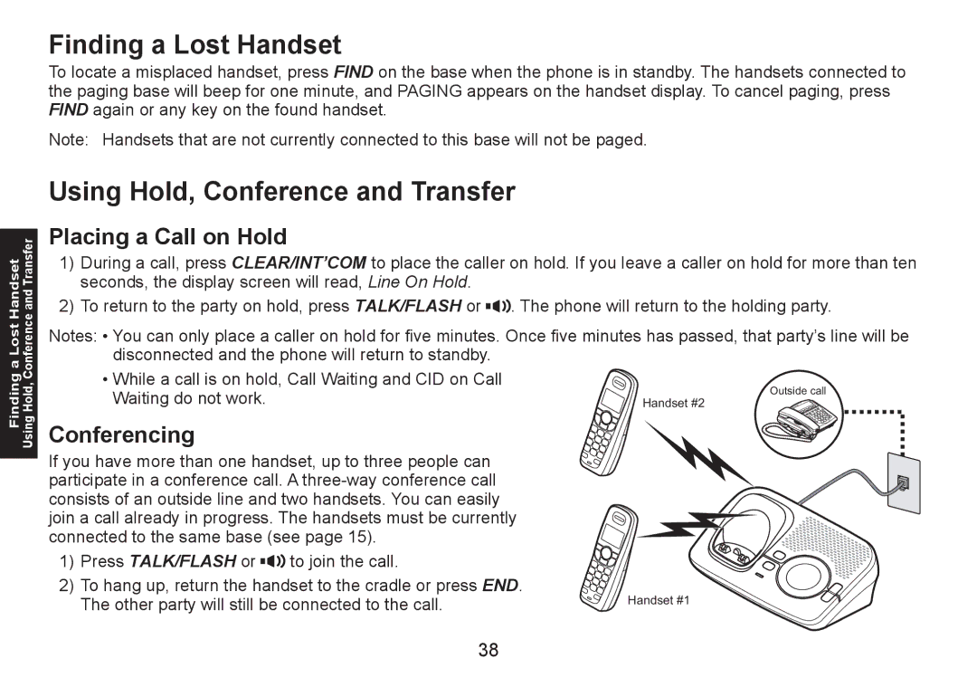 Uniden DECT1580 manual Finding a Lost Handset, Using Hold, Conference and Transfer, Placing a Call on Hold, Conferencing 