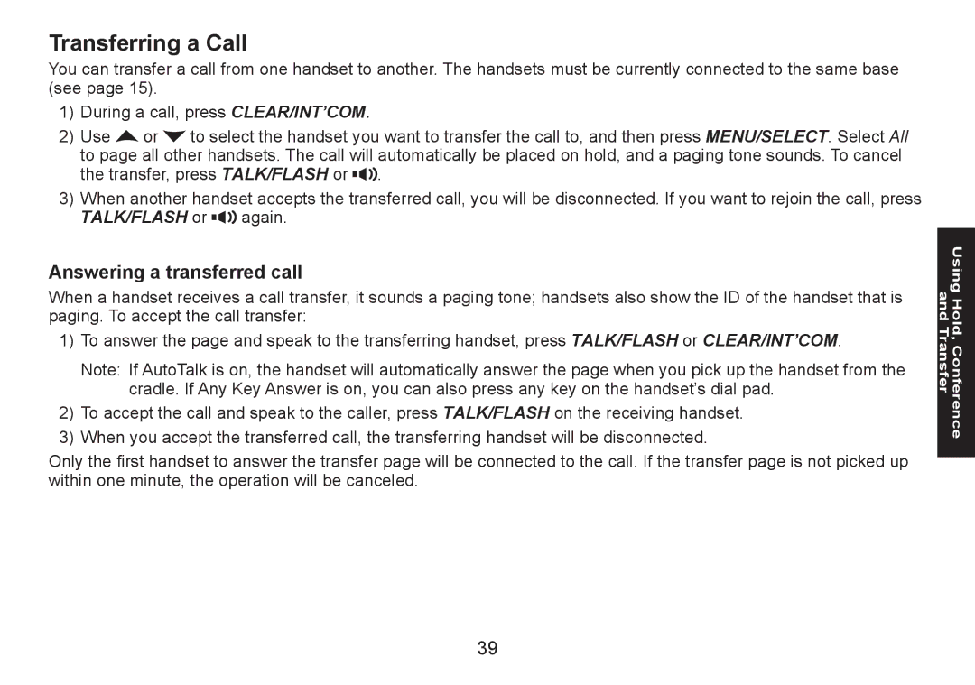 Uniden DECT1580 manual Transferring a Call, Answering a transferred call 