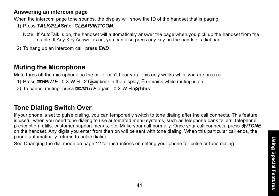 Uniden DECT1580 manual Muting the Microphone, Tone Dialing Switch Over, Answering an intercom 