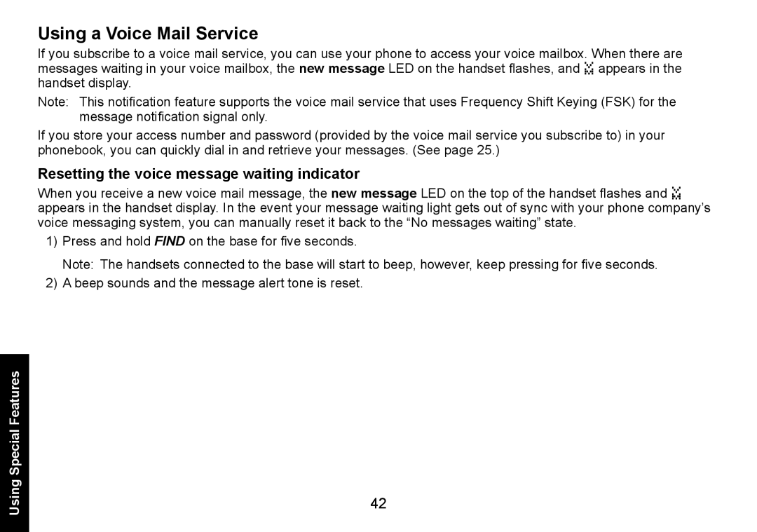 Uniden DECT1580 manual Using a Voice Mail Service, Resetting the voice message waiting indicator 