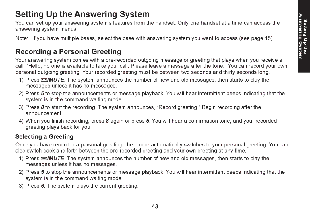 Uniden DECT1580 manual Setting Up the Answering System, Recording a Personal Greeting, Selecting a Greeting 