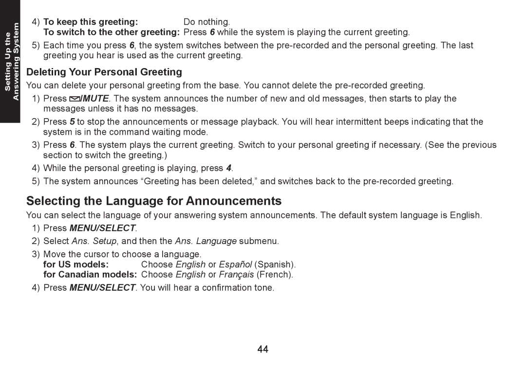 Uniden DECT1580 manual Selecting the Language for Announcements, Deleting Your Personal Greeting 