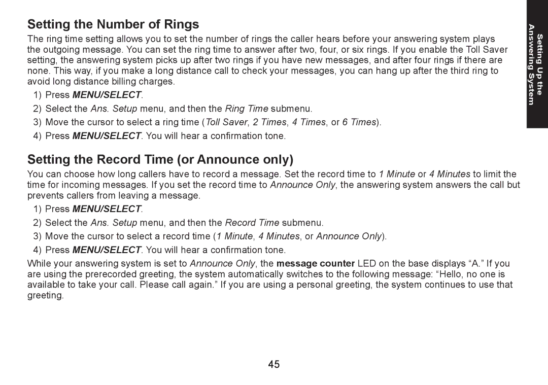 Uniden DECT1580 manual Setting the Number of Rings, Setting the Record Time or Announce only 
