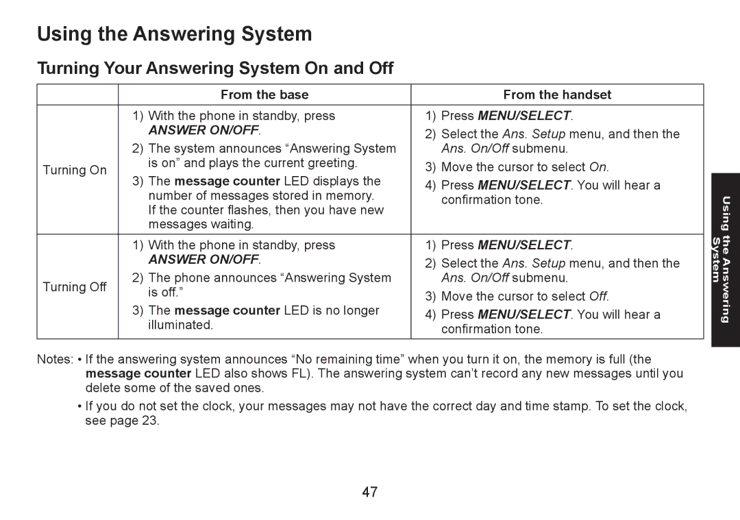 Uniden DECT1580 manual Using the Answering System, Turning Your Answering System On and Off, From the base From the handset 