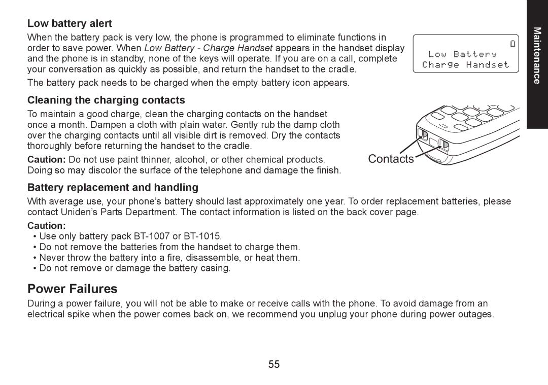 Uniden DECT1580 manual Power Failures, Low battery alert, Cleaning the charging contacts, Battery replacement and handling 