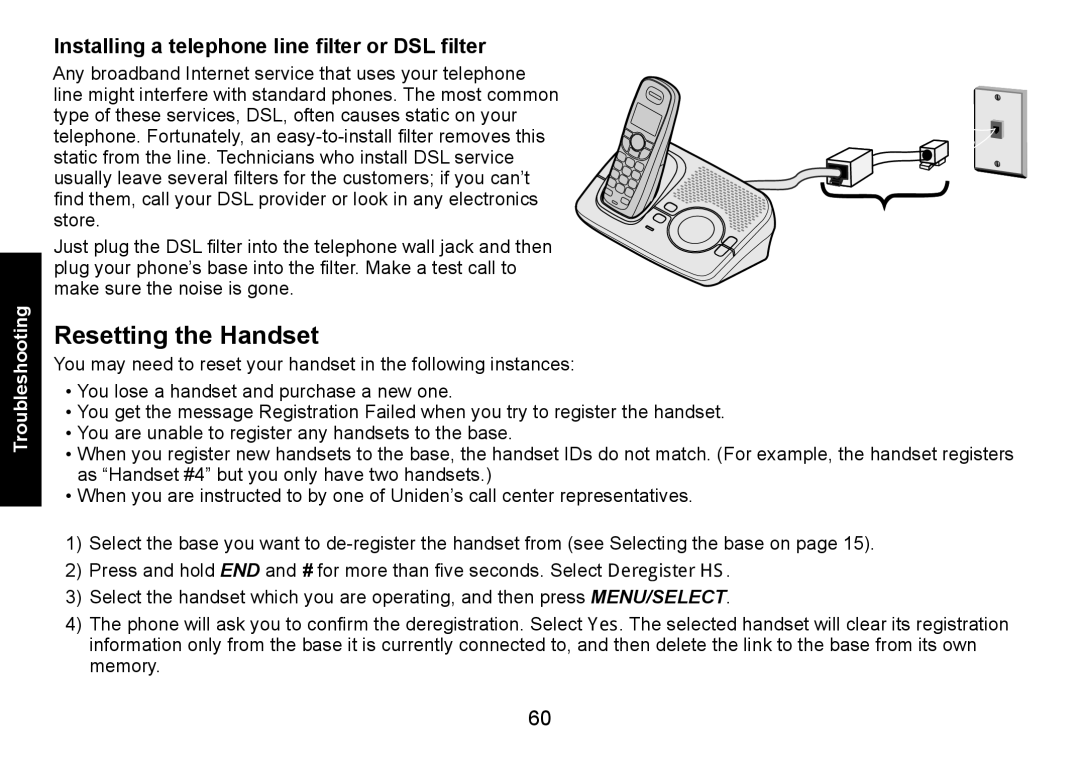 Uniden DECT1580 manual Resetting the Handset, Installing a telephone line filter or DSL filter 